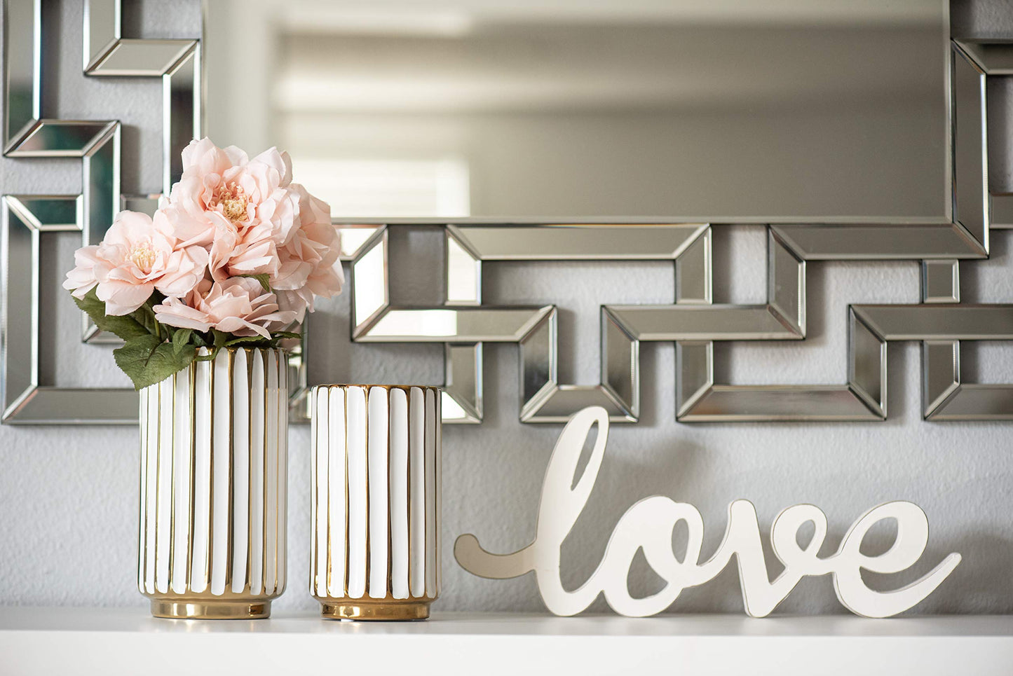 jupriverco White & Gold Vase-Elegant Home Decor-Flower Vase-Kitchen Centerpiece-Geometric Ridges-Beveled Bottom-Modern/Contemporary Design - Wedding Table Accent - Boho Pottery - Gold- H-8.27" D-4.74"