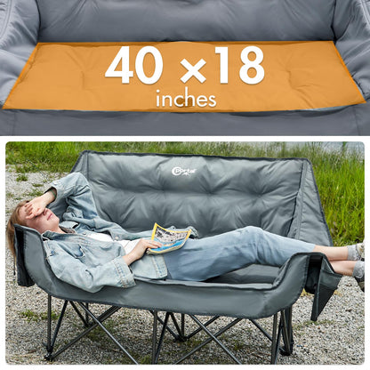 Portal Double Camping Chair, 2 Person Folding Loveseat for Adults, Padded Cushion Camp Lawn Love Seat with Side Pocket Portable Couch, Two Person Heavy Duty Wide Chairs with Cup Holder, 600 lbs