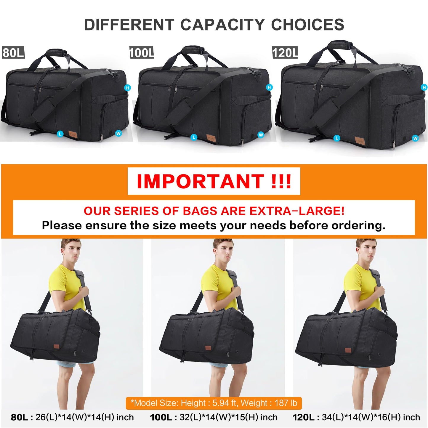 Urtala Travel Bag for Men & Women, 100L Foldable Duffel Bag Holdall Tote Carry on Luggage Weekend Overnight Bag with Shoe Compartment & Shoulder Strap, Lightweight Waterproof