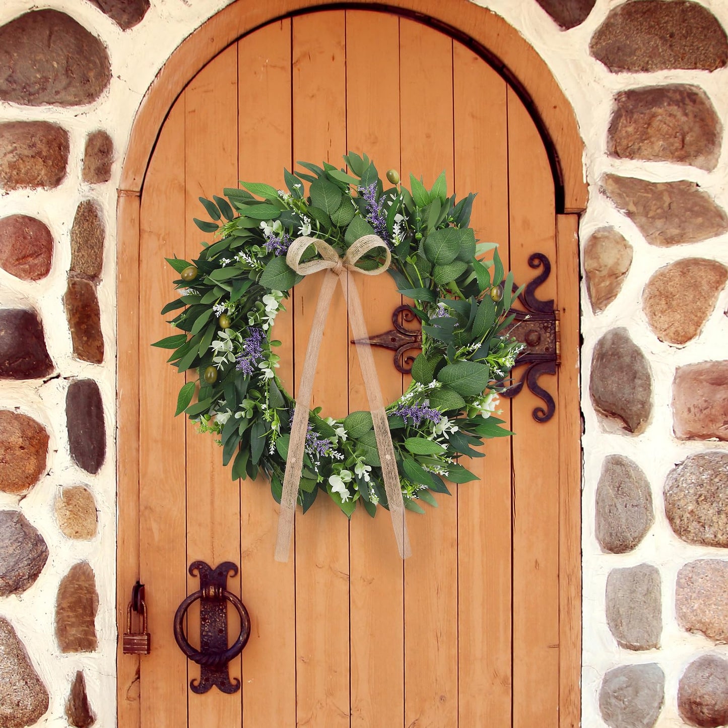 Ovveroche 22Inch Summer Eucalyptus Wreath for Front Door Greenery Wreath Door with Olive Boxwood Leaves Bow for Spring Summer All Season Outdoor Home Decor