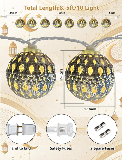8.5Ft Moroccan String Lights Plug in, 10 LED Silver Metal Globe Fairy Lights, Warm White Hollow Lantern Decorative Lights for Ramadan Eid Mubarak Diwali Bohemian Home Bedroom Patio Party Wedding Decor