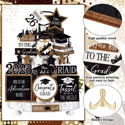 Vercraft 18 Pcs Graduation Tiered Tray Decorations Class of 2026 Tiered Tray Decor Black White Grad Wooden Signs Farmhouse Table Shelf Decoration for Graduation Party Supplies(Grad)