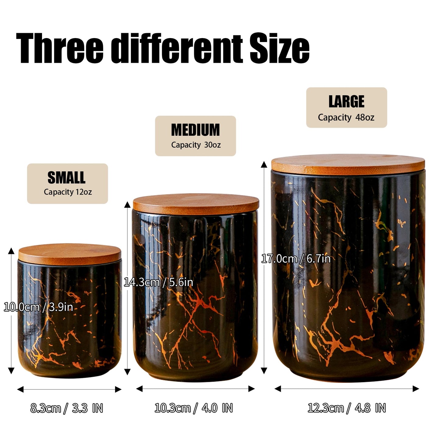 Tenforie Ceramic Canister Set with Bamboo Airtight Lids, 3-Piece Kitchen Storage Jars (48oz, 30oz, 12oz) – Black with Gold Marble Pattern, Glossy Finish, for Coffee, Sugar, Flour & More