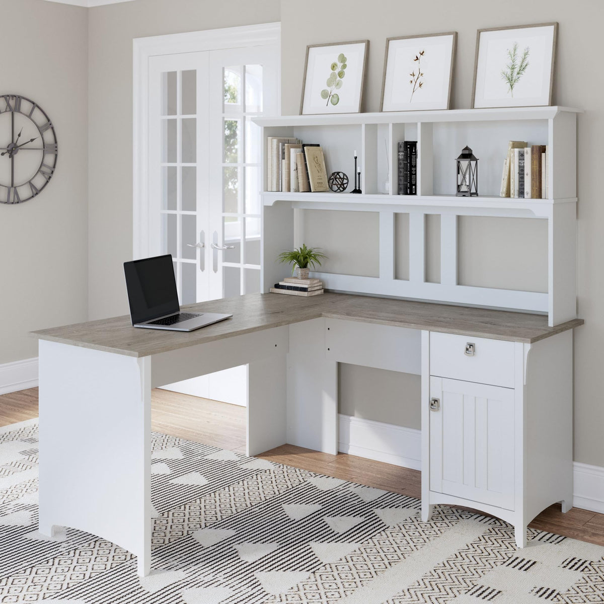 Bush Home Salinas L-Shaped Desk with Hutch | Study Table with Drawers and Cabinets in Pure White and Shiplap Gray | Home Office Computer Desk | Work Desk with Storage