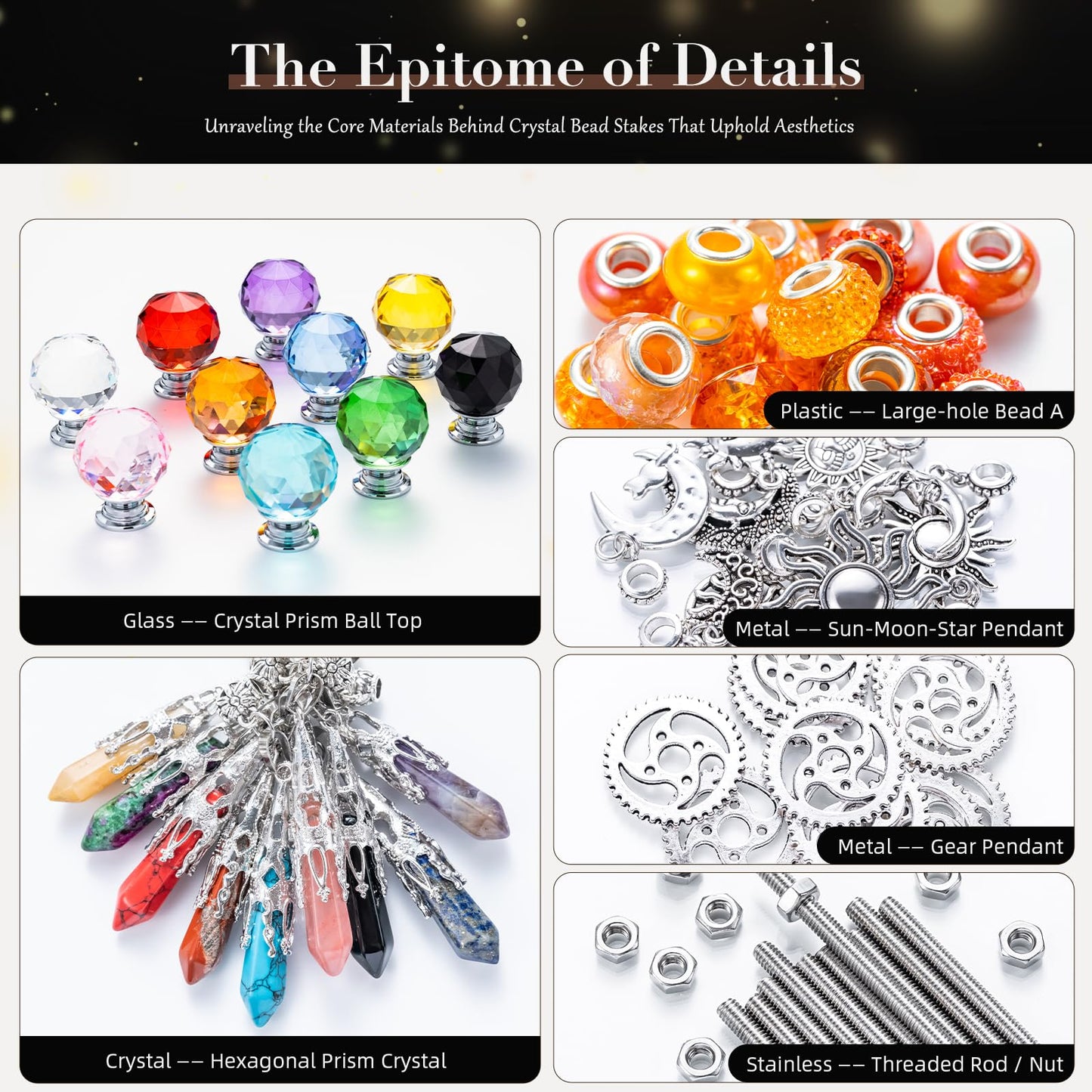 260 Pcs DIY Beaded Garden Stakes, Fairy Wand 10-Pack Garden Decorative Kit with Healing Crystal Pendant, 12in Threaded Rods, Crystal Diamond Tops, for Spring Garden Outdoor&Indoor Decorations