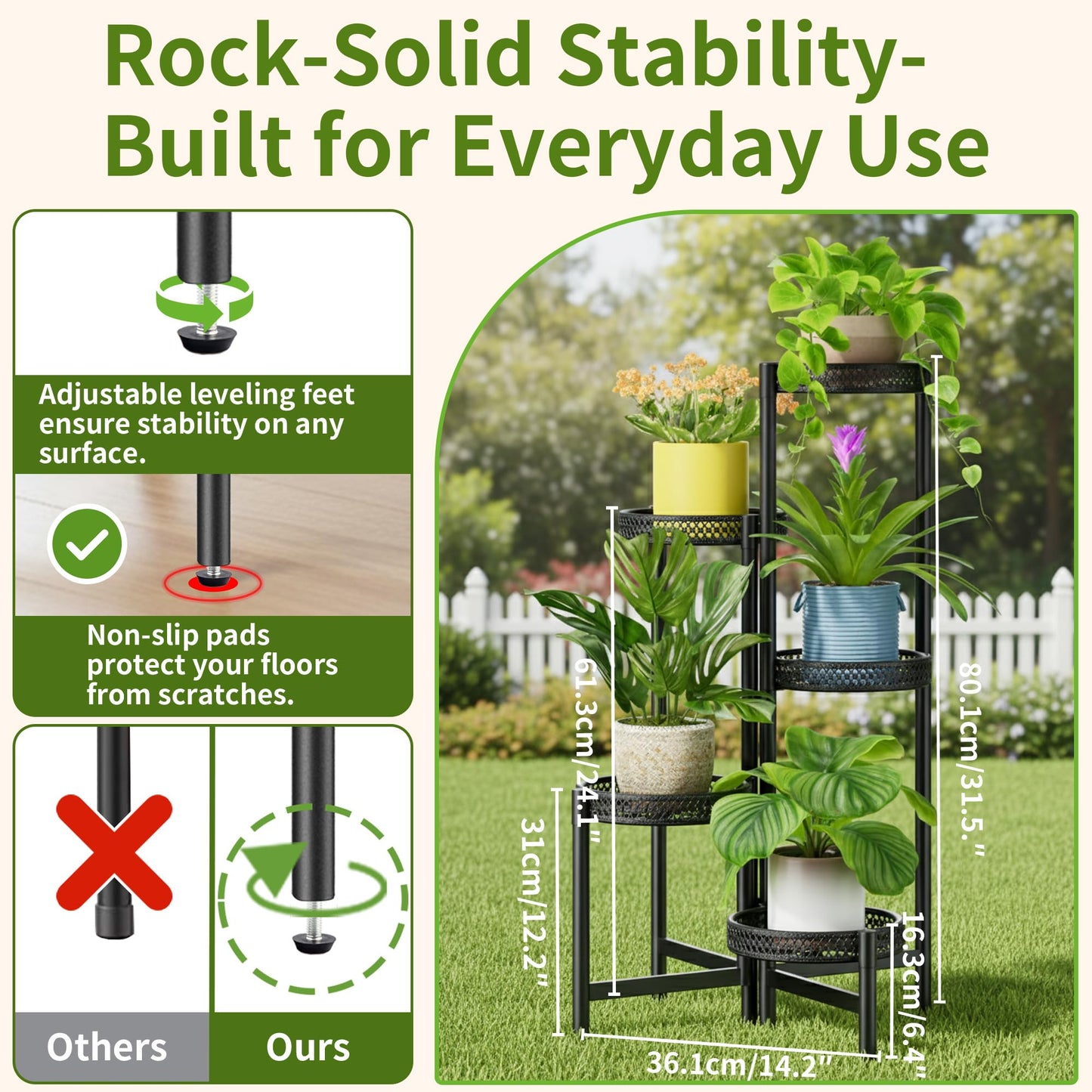 NQW Plant Stand Indoor Outdoor, 5 Tier Corner Metal Flower Display Holder Shelf, Folding Tall Rack for Patio Balcony Porch Garden Living Room House, Heavy Duty Wrought Iron Plant Shelf- BlackWave