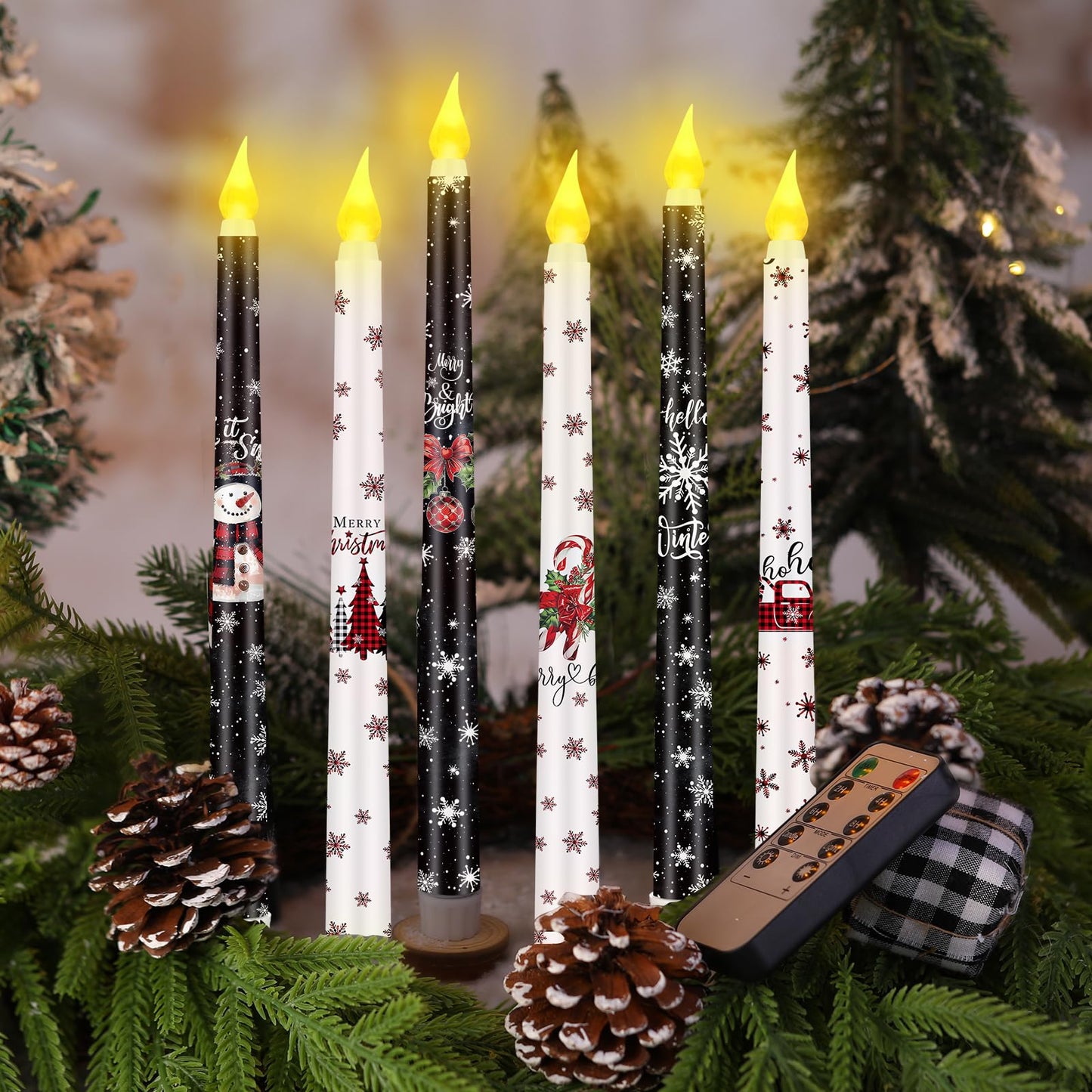 Aurelema 6 Pcs Winter Flameless Candle Set Snowflake LED Flameless Taper Candles with Remote Timer Black and White Celebration Candles with Battery Operated for Christmas Winter Gifts Home Decor