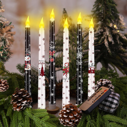 Aurelema 6 Pcs Winter Flameless Candle Set Snowflake LED Flameless Taper Candles with Remote Timer Black and White Celebration Candles with Battery Operated for Christmas Winter Gifts Home Decor