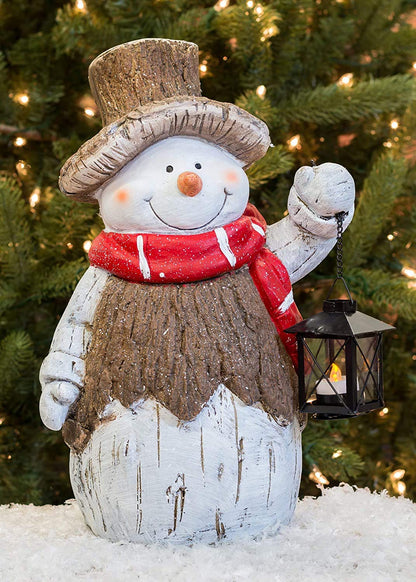 Mark Feldstein & Associates Woodsy Snowman with Lantern LED Light Up 17 Inch Resin Stone Door Greeter Figurine