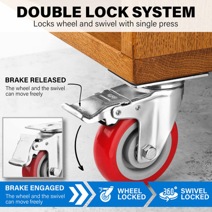 Castrek 4 Inch Caster Wheels Heavy Duty Casters Set of 4 (2200lbs Load Capacity) Lockable Cart Wheels with Brakes, 360 Degree Rotatable - Ideal Caster for Cart, Furniture and Workbench (4 x Brakes)