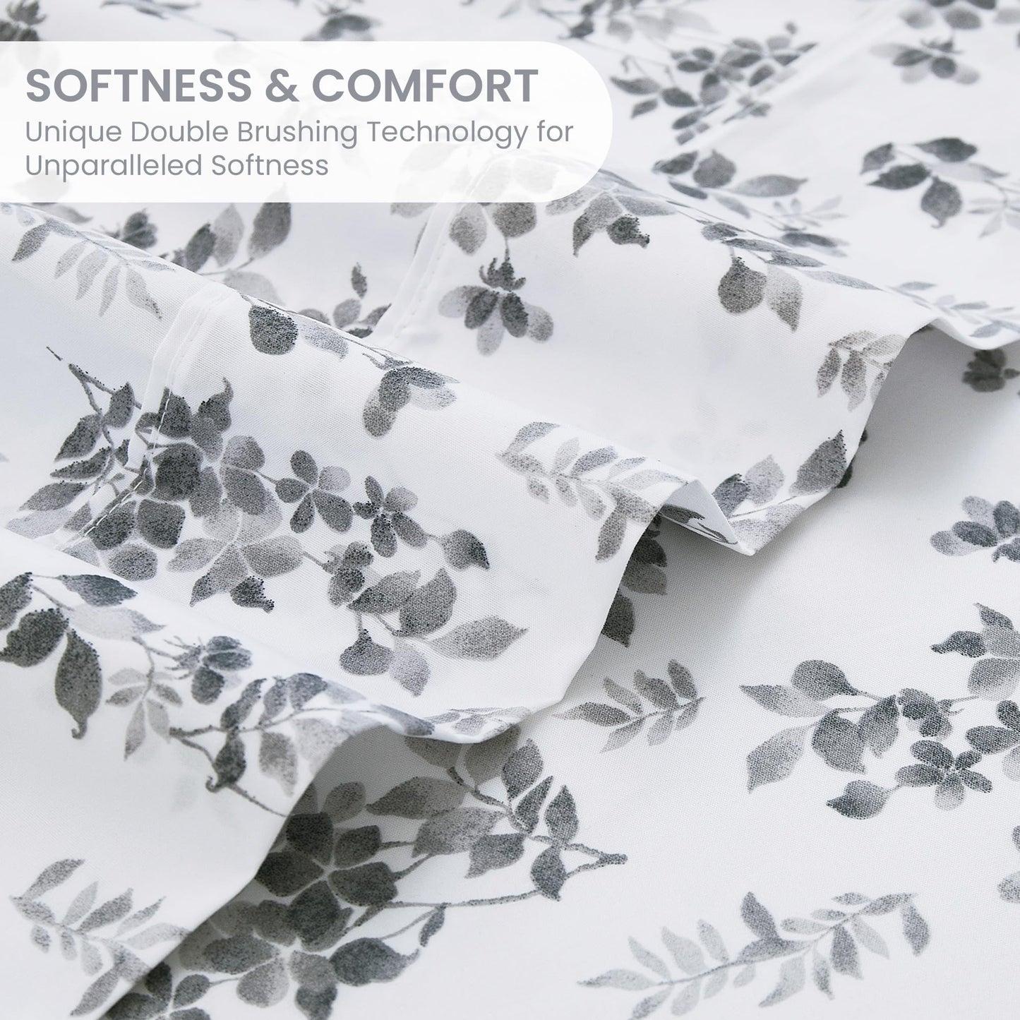 Mooreeke Cozy Vintage Microfiber Printed Full Sheet Set - Soft Breathable Percale Cotton Floral Bed Sheets with Deep Pocket - Non-Slip Fitted Design - Gradient Grey Small Flowers Pattern