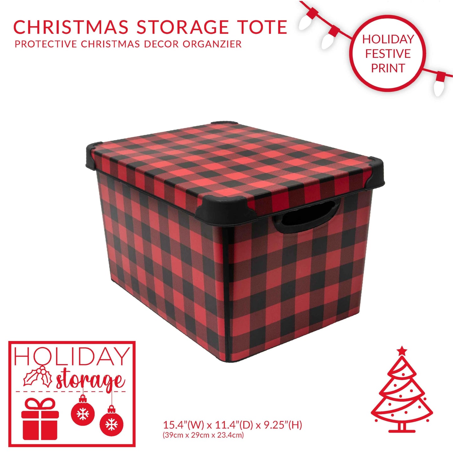 Simplify Checkered Design Storage Bin | Christmas Tote | Holiday Décor Decorations Organizer | Buffalo Plaid Design | Lidded | Stackable | Black and Red
