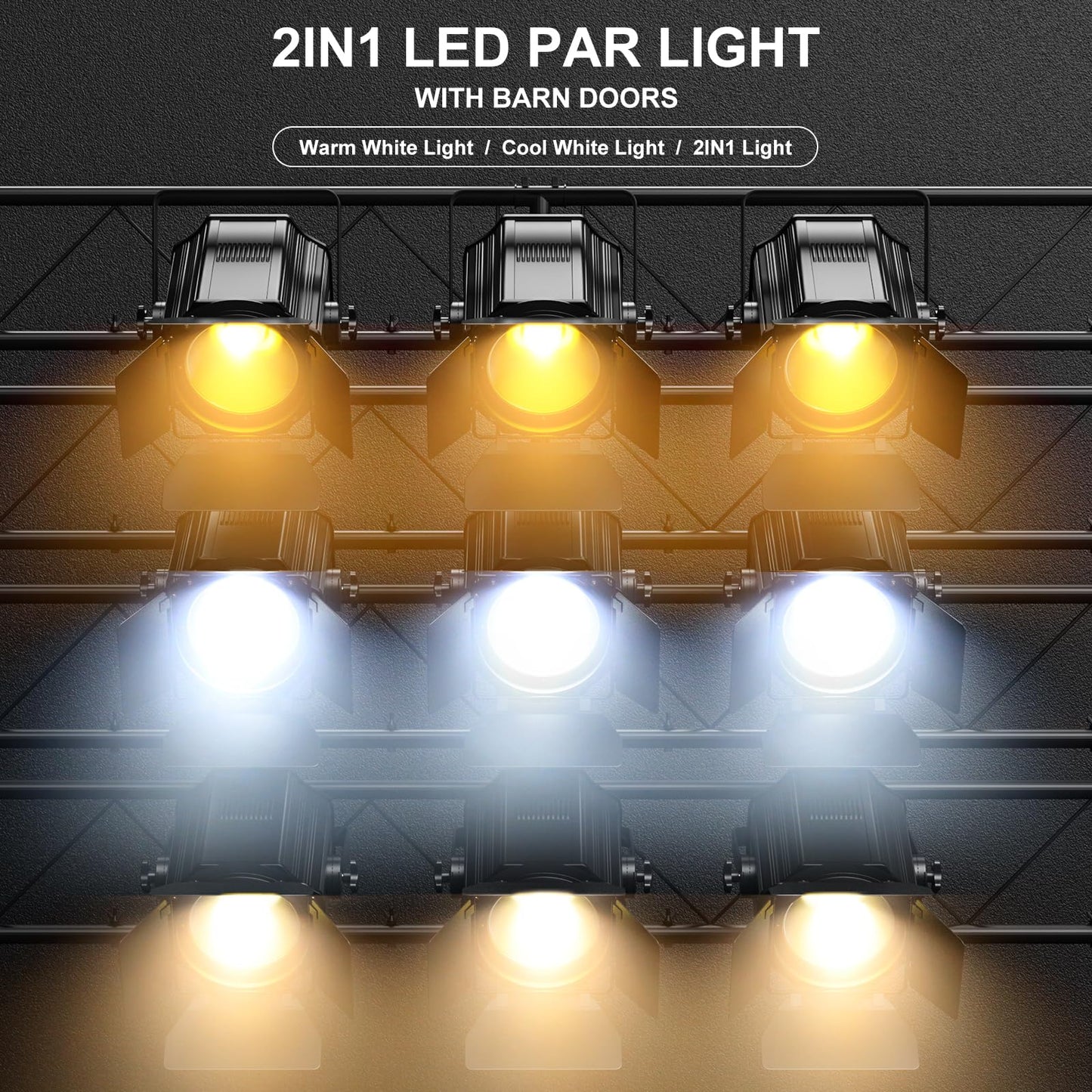 Stage Lights with Barn Doors, 200W COB LED Par Can Lights Spotlights, 2 in 1 Cool White & Warm White DMX512 Sound Activated Uplights for Events Parties Wedding Theater Church Concert Dance
