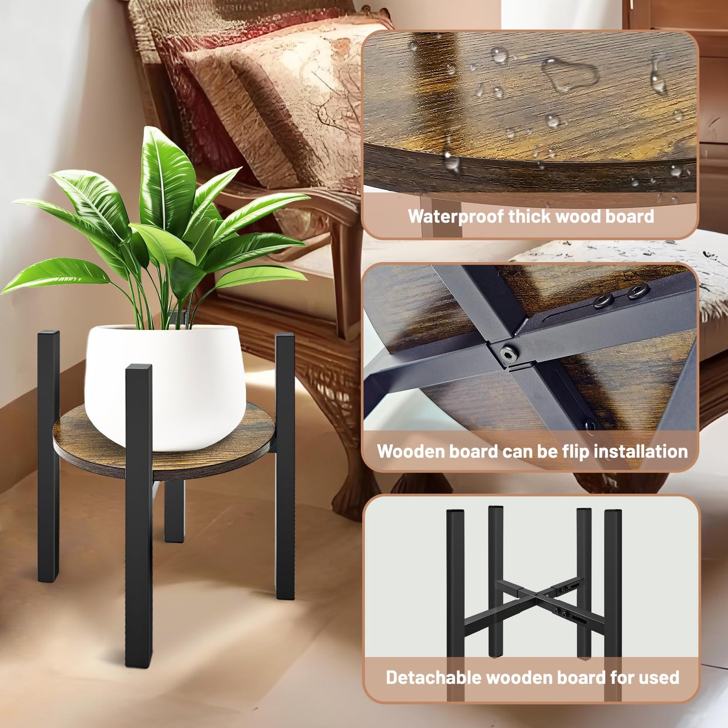 Uniqcovosa Adjustable Plant Stand, Mid Century Modern Indoor Plants Stands - Fits 8 to 13 Inches Pots - Stable Wood Single Small Plant Stool for Living Room
