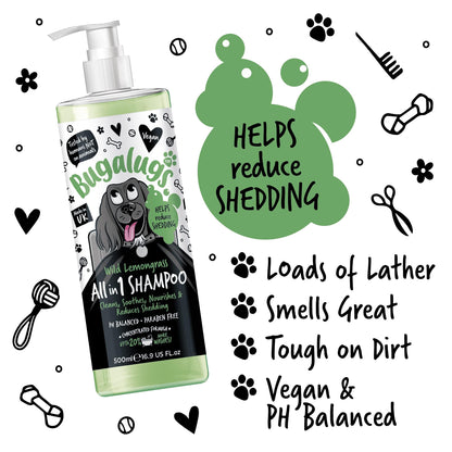 BUGALUGS Deshedding Shampoo for dogs works great alongside dog deshedding brush, de shedding dog shampoo