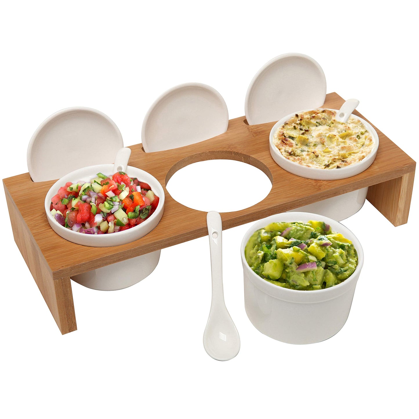 MyGift 10 Pcs Sauce Serving Dish, Hosting Party Essentials Host Gift, 3 Ceramic Ramekin Chip Dip Bowls with Lids & Spoons, Premium Bamboo Server Tray, Condiment Pot Entertaining