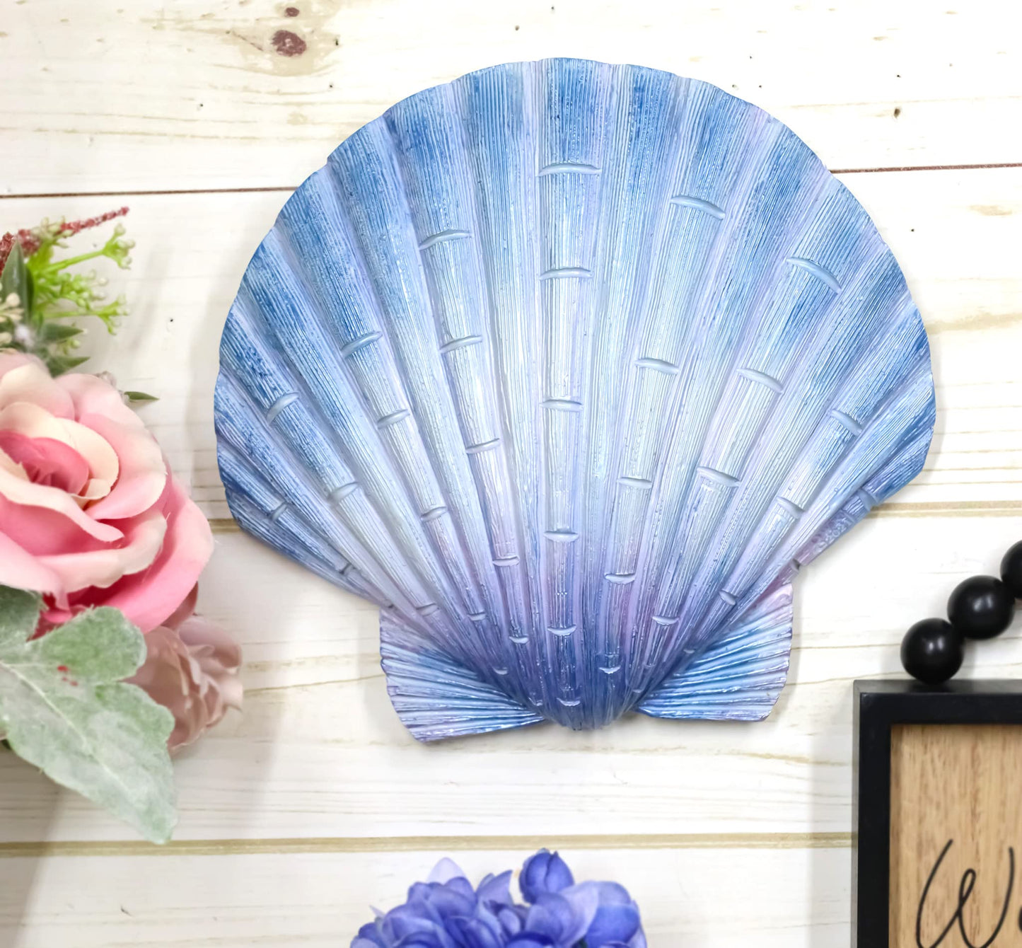 Ebros Gift Nautical Ocean Marine Life Aqua Blue Scallop Shell Seashell Exotic Shabby Chic Wall Decor Figurine 8.25" L Decorative Sculpture Vacation Beach Sea Home Prop Accent