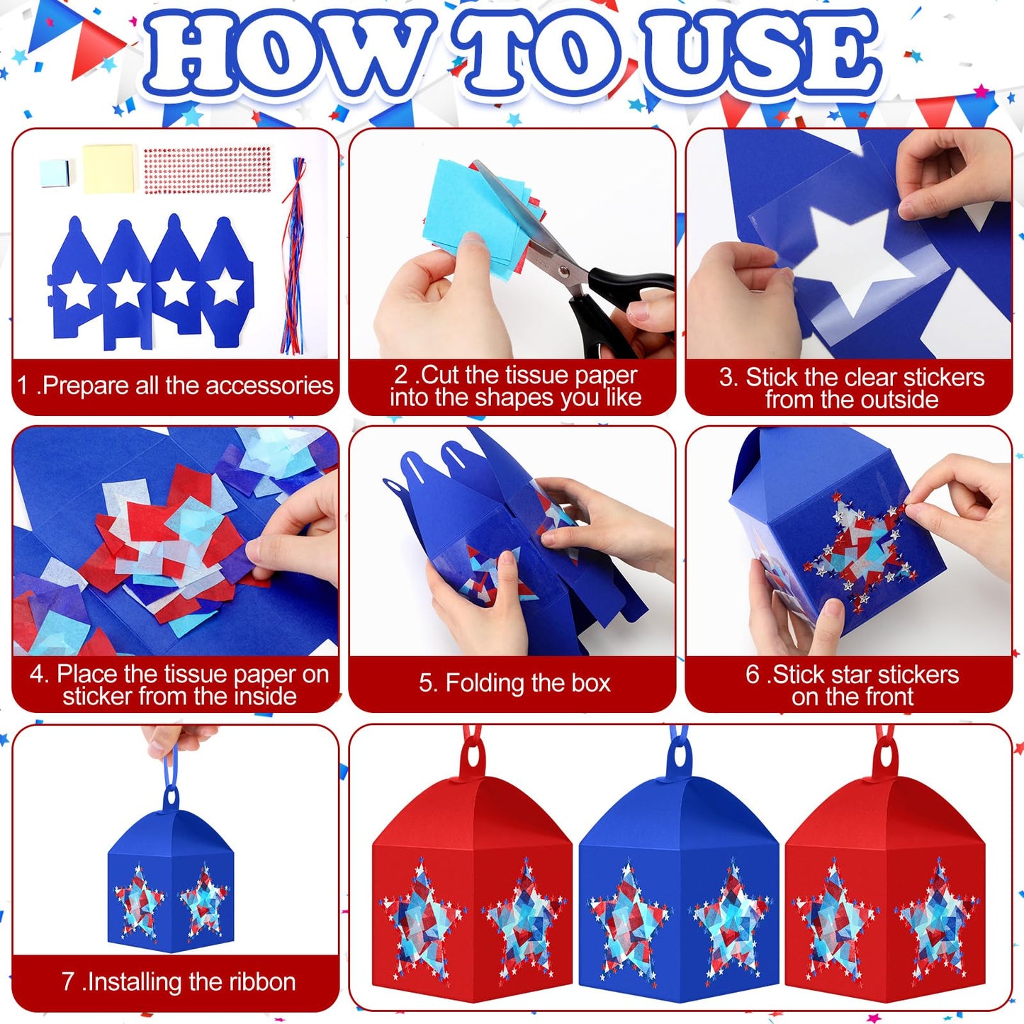 Maitys 16 Sets 4th of July Patriotic Hanging Paper Lantern Craft Kit, 250th Anniversary Red Blue DIY Lantern Ornaments with Stars Design for Independence Day Home Party Decorations