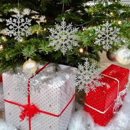 Eokeanon 36 Pack Silver Glitter Snowflake Ornaments, Plastic Christmas Glitter Snowflake Winter Wonderland Christmas Tree Decorations, 4 Inch, Silver