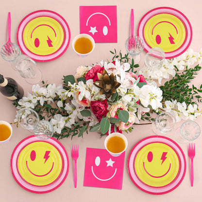 Kochorie 144 Pieces Preppy Smile Party Tableware Sets Including Disposable Plates Napkins Cups Forks Serves 24 for Smile Face Party Birthday Baby Shower Decor Party Supplies