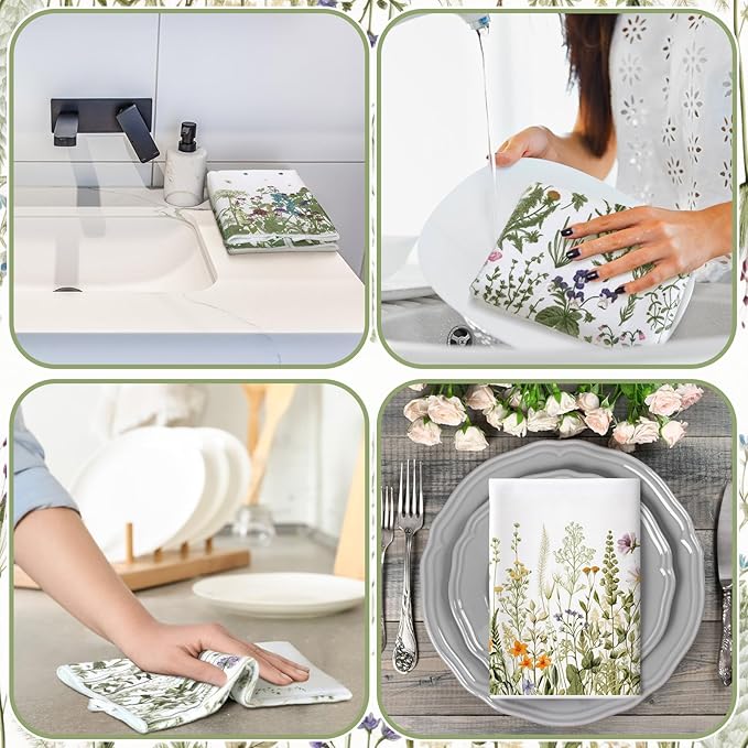 Bencailor 4 Pcs Wild Flower Kitchen Towels Wildflower Floral Hand Dish Towels