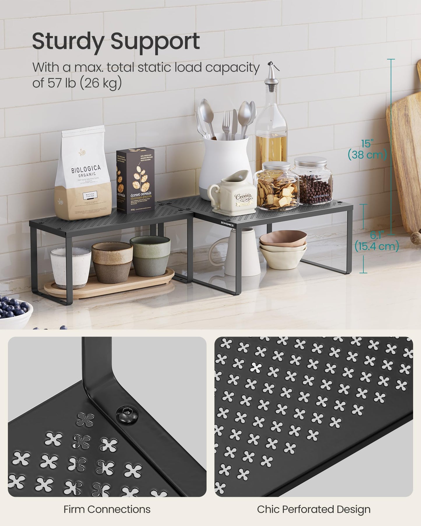 SONGMICS Spice Racks, Set of 2 Metal Cabinet Shelf Organizers, Countertop Organizers, Shelf Risers, Stackable, Expandable, Silver UKCS01SV