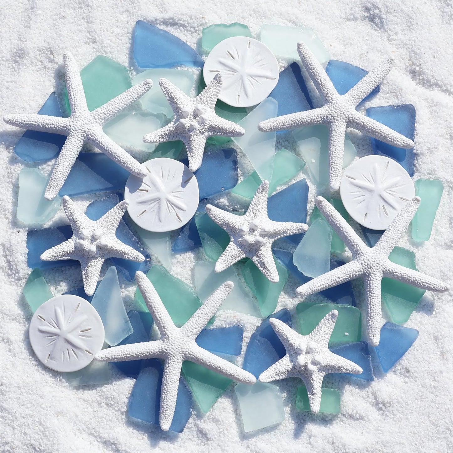 QYGL 12 Resin Starfish & 10oz Sea Glass Decor - Frosted Seaglass Pieces & Starfish Sand Dollar for DIY Crafts, Beach Weddings, Vase Filler, and Home Decor Ornaments (Blue, Aqua Green, White)