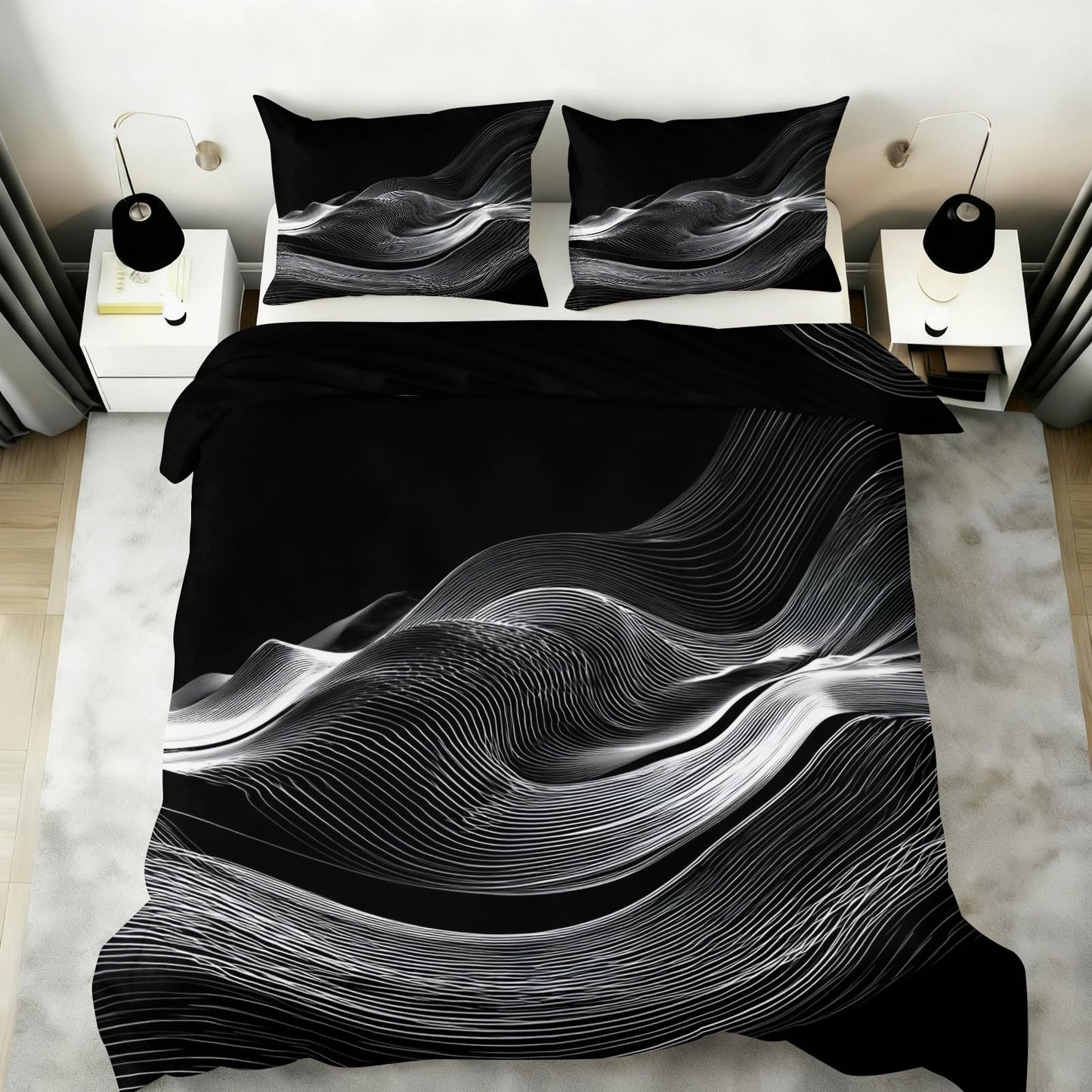 ZAOMIR Black White Duvet Cover Twin Size, Psychedelic White Wavy Stripes Bedding Set 3 Piece, Modern Abstract Geometric Line Patterned Comforter Cover with Zipper Soft Microfiber, 2 Pillowcases