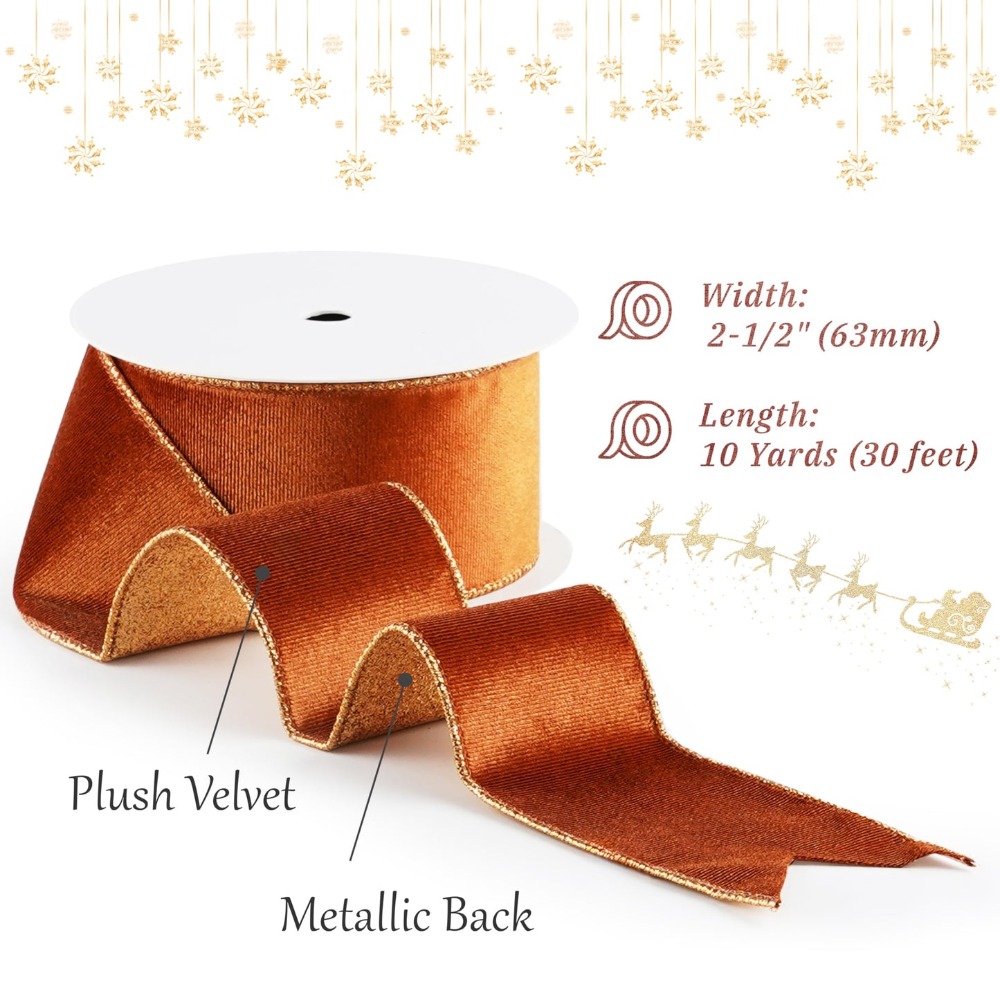 LIZLOVESS Copper Velvet Wired Ribbon with Glitter Back 2.5 Inch Copper Christmas Ribbon Wired Reversible Ribbon for Christmas Tree, Gift Wrapping, Crafts, Wreaths Supplies, Topper Bows (10 Yards)