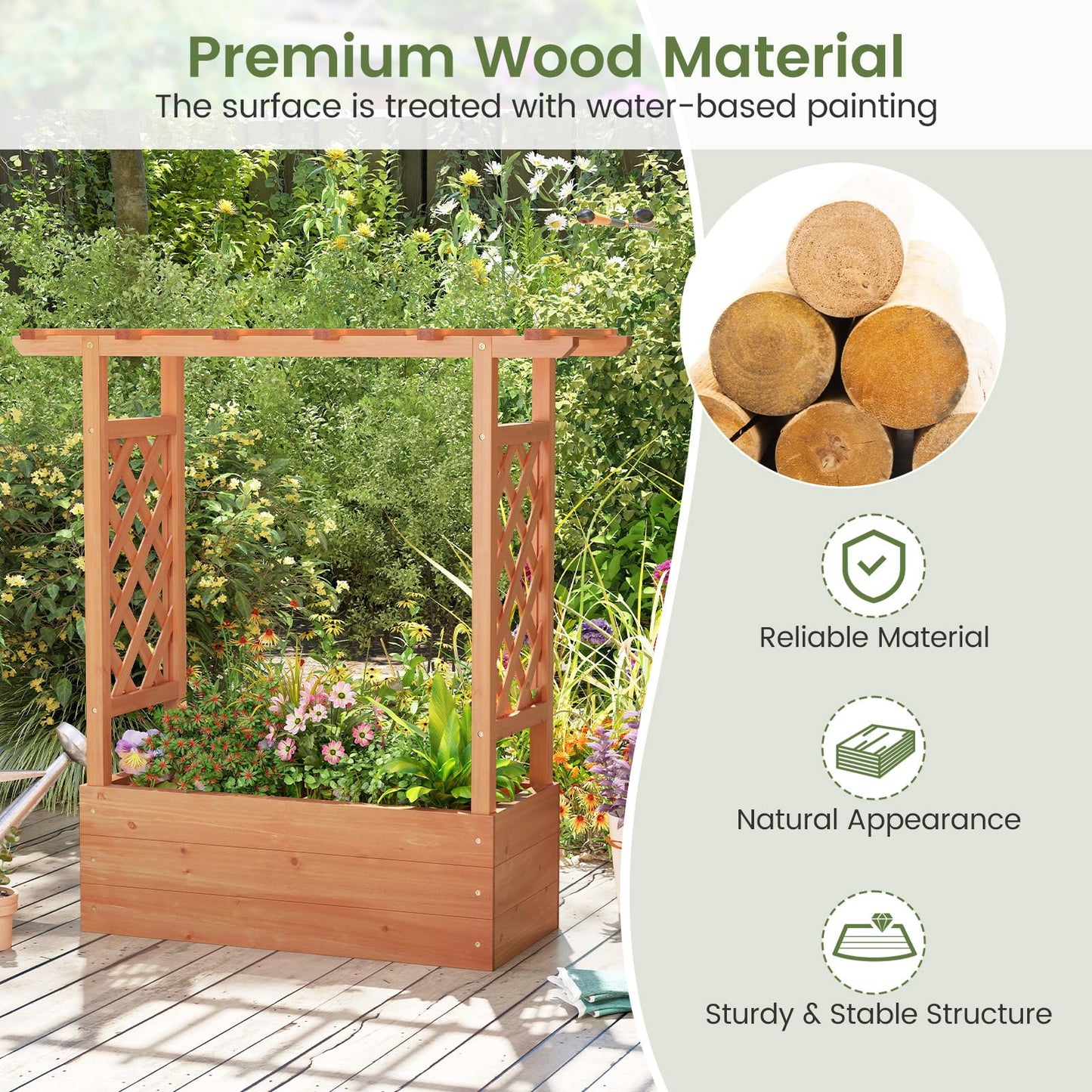 Giantex Set of 2 Raised Garden Bed with 2-Sided Trellis & Hanging Roof, Fir Wood Planter Box w/Drainage Holes, Freestanding Garden Planter for Flowers Herbs Climbing Vines (43"x15"x45")