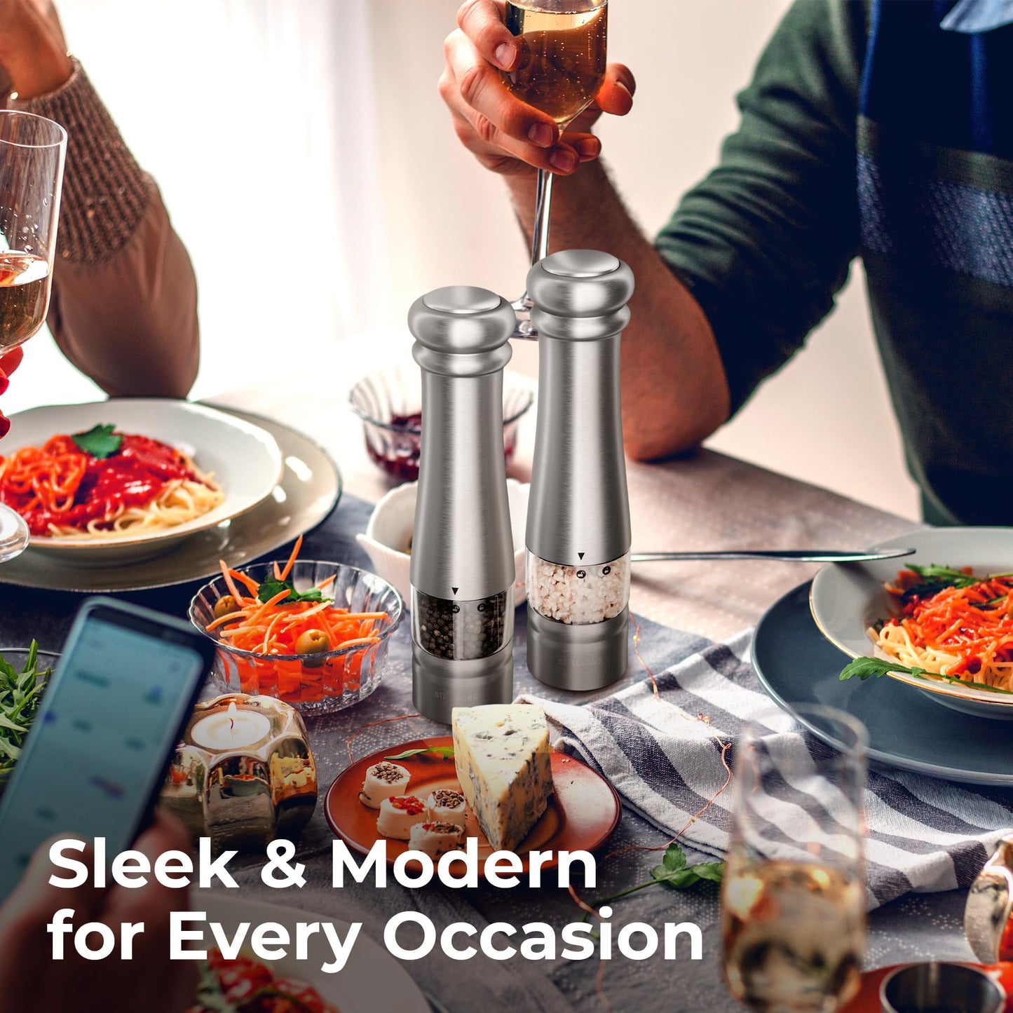 Electric Salt and Pepper Grinder Set, Battery Operated Grinders with Adjustable Coarseness, LED Light, One-Hand Operation, Refillable Stainless Steel Mills