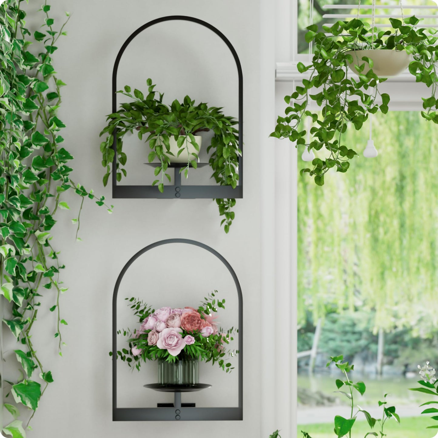 BUTUNITA Black Metal Wall Plant Holder - 2-Pack Wall Mounted Plant Stands and Hanging Holders for Indoor Planter and Flower Pot - Arch Decor Shelf for Plant Storage (Pot Not Included)