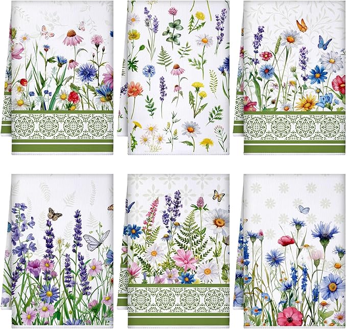 Geyoga 6 Pcs Spring Floral Kitchen Towels Flamingo Dish Hand Towels Sunflower