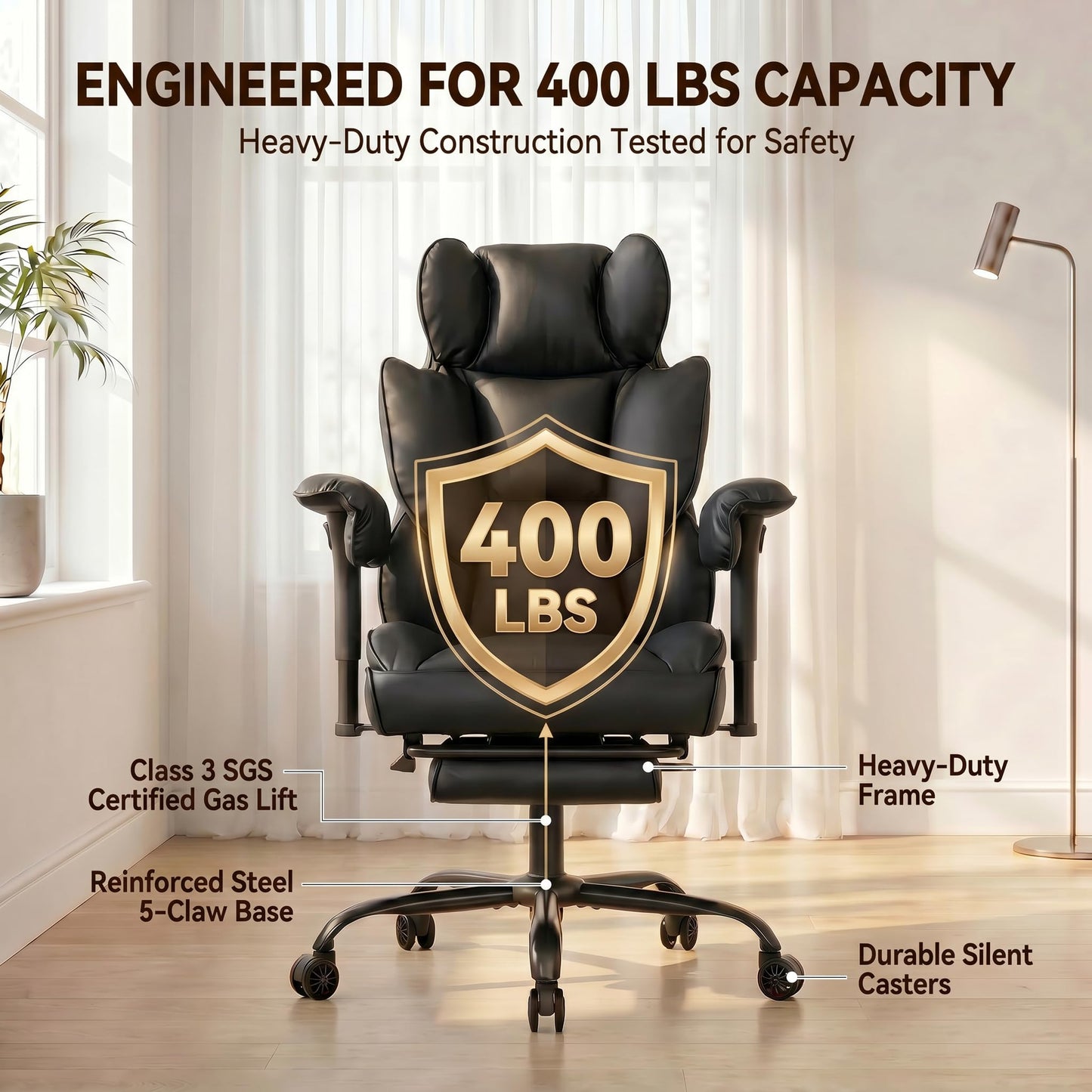 ATMILD Big and Tall Gaming Office Chair 400lbs - Heavy Duty Ergonomic Computer Desk Chair with Footrest, Adjustable Armrests, High Back PU Leather with Racing Style (Black)
