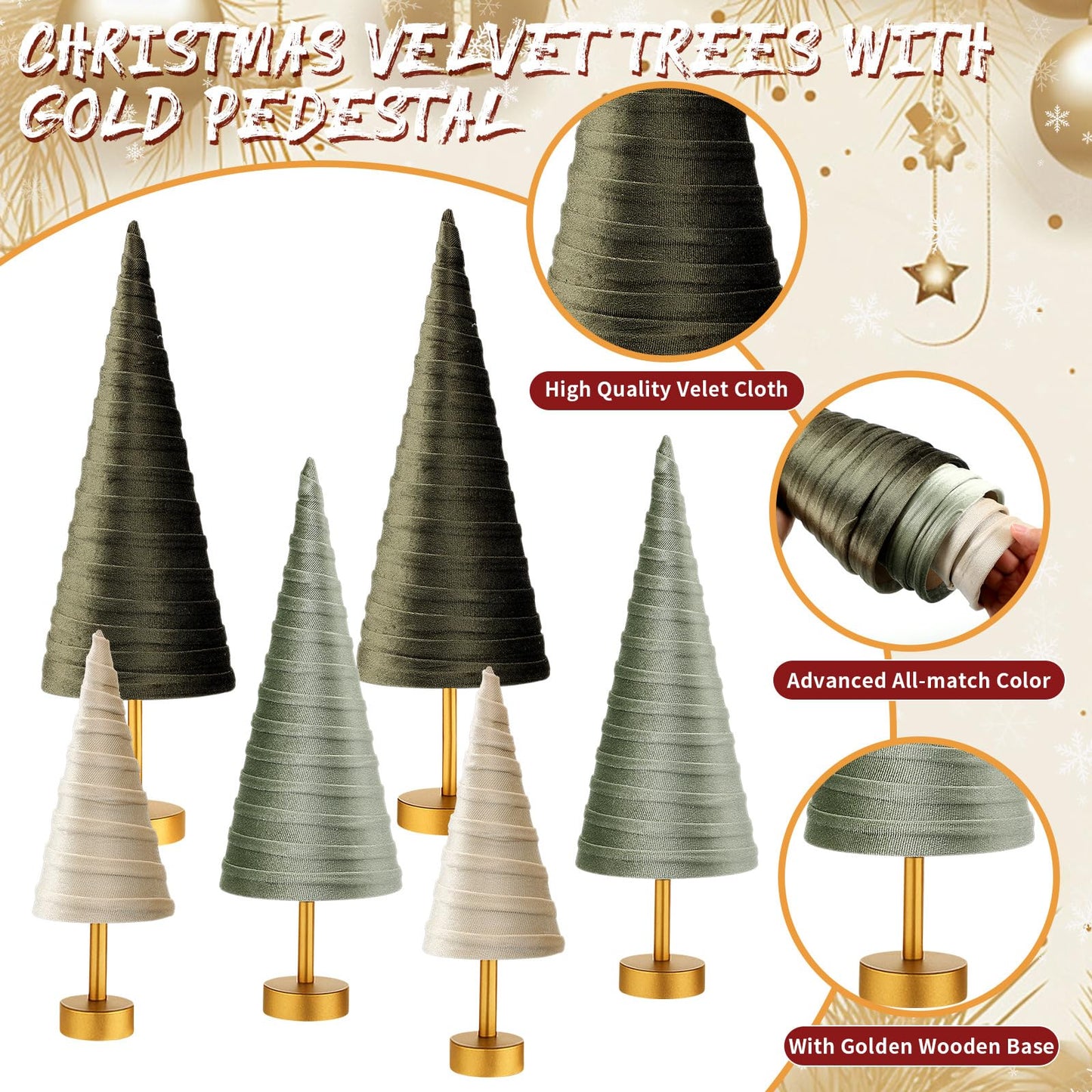 Hoolerry 6 Pcs Christmas Velvet Trees with Gold Pedestal Christmas Velvet Cones Tree Mantel Decor Modern Rustic Winter Home Minimalist for Holiday Entryway Table Wedding Centerpiece(Brown Green)