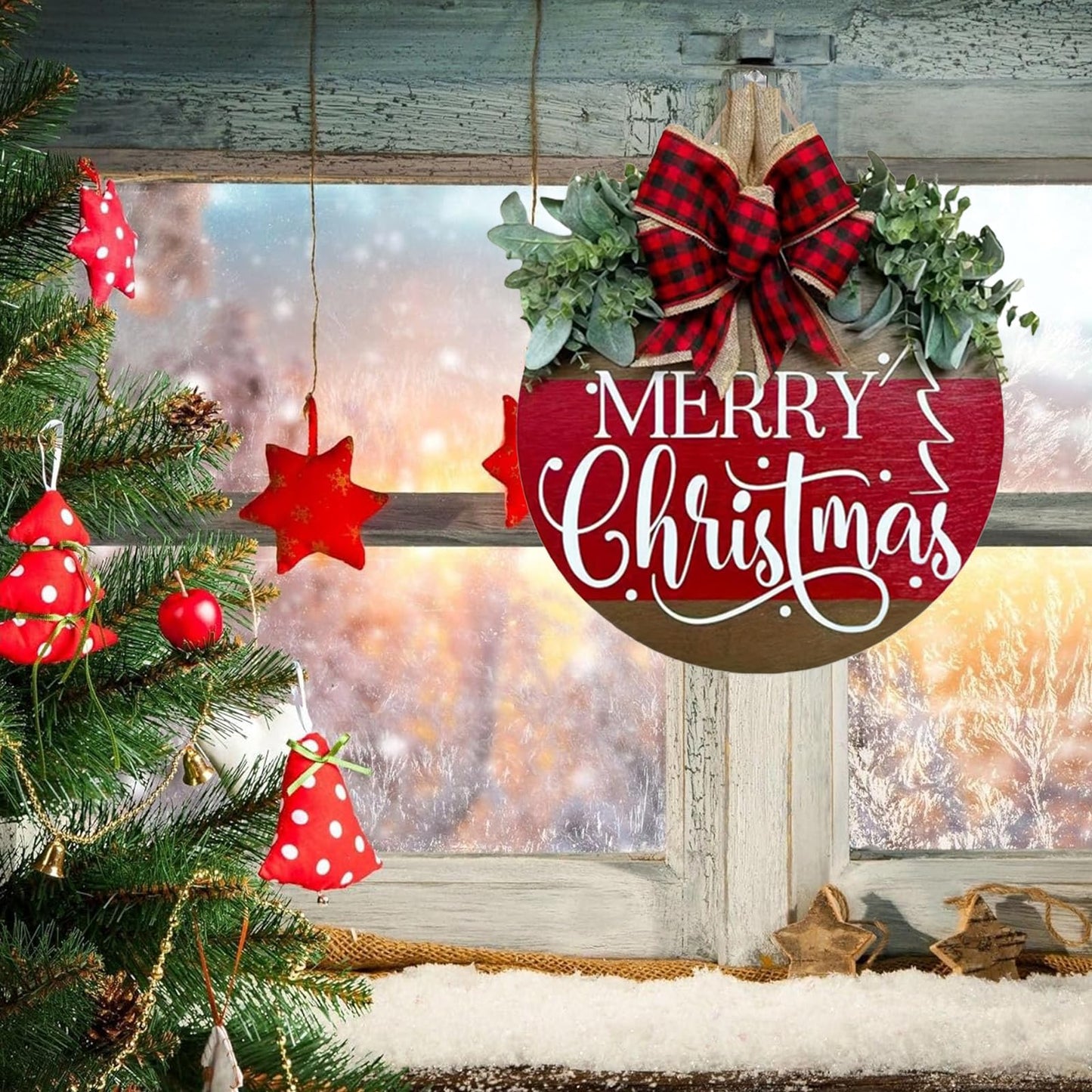Merry Christmas Hanging Sign for Front Door, Wooden Welcome Wreath with Bow for Holiday Rustic Farmhouse Outdoor Wall Window Decor (Merry Christmas Wreath)