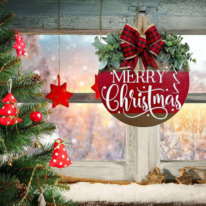 Merry Christmas Wreath Hanging Sign for Front Door, Wooden Welcome Wreaths Sign with Bow for Holiday Rustic Farmhouse Outdoor Wall Window Decor (Merry Christmas)