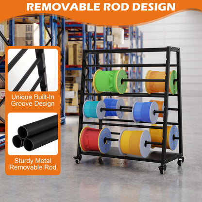 Wire Spool Rack, Cable Dispenser Cart with Wheels, Multi-Electrical Wire Rack, 12 Rods Adjustable Cable Reel Holder, Heavy Duty Wire Spool Holder, Automotive Wiring Storage Stand