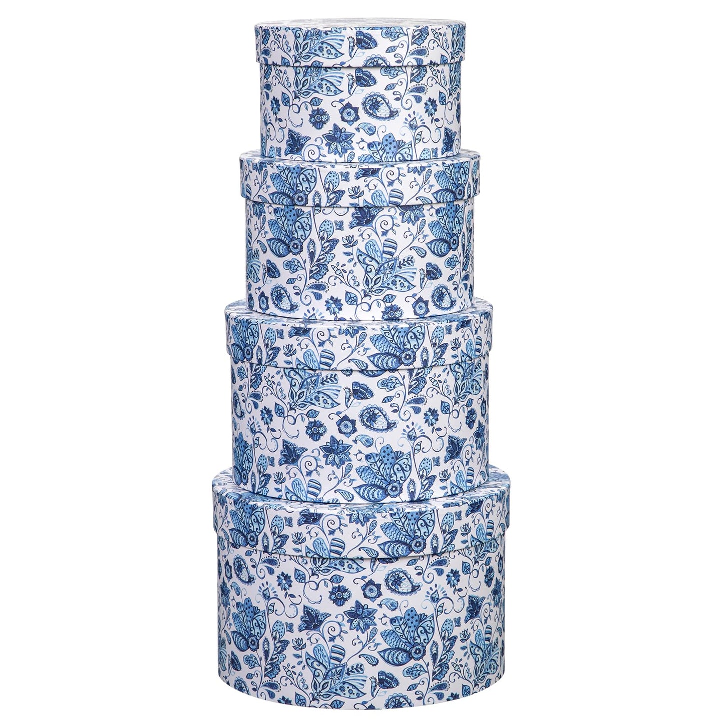 Briful Round Gift Boxes with Lids 4PCS Blue Flower Print Gift Box for Presents Nesting Assorted Sizes Present Boxes for Christmas Birthday Valentines Party Gift Wrap