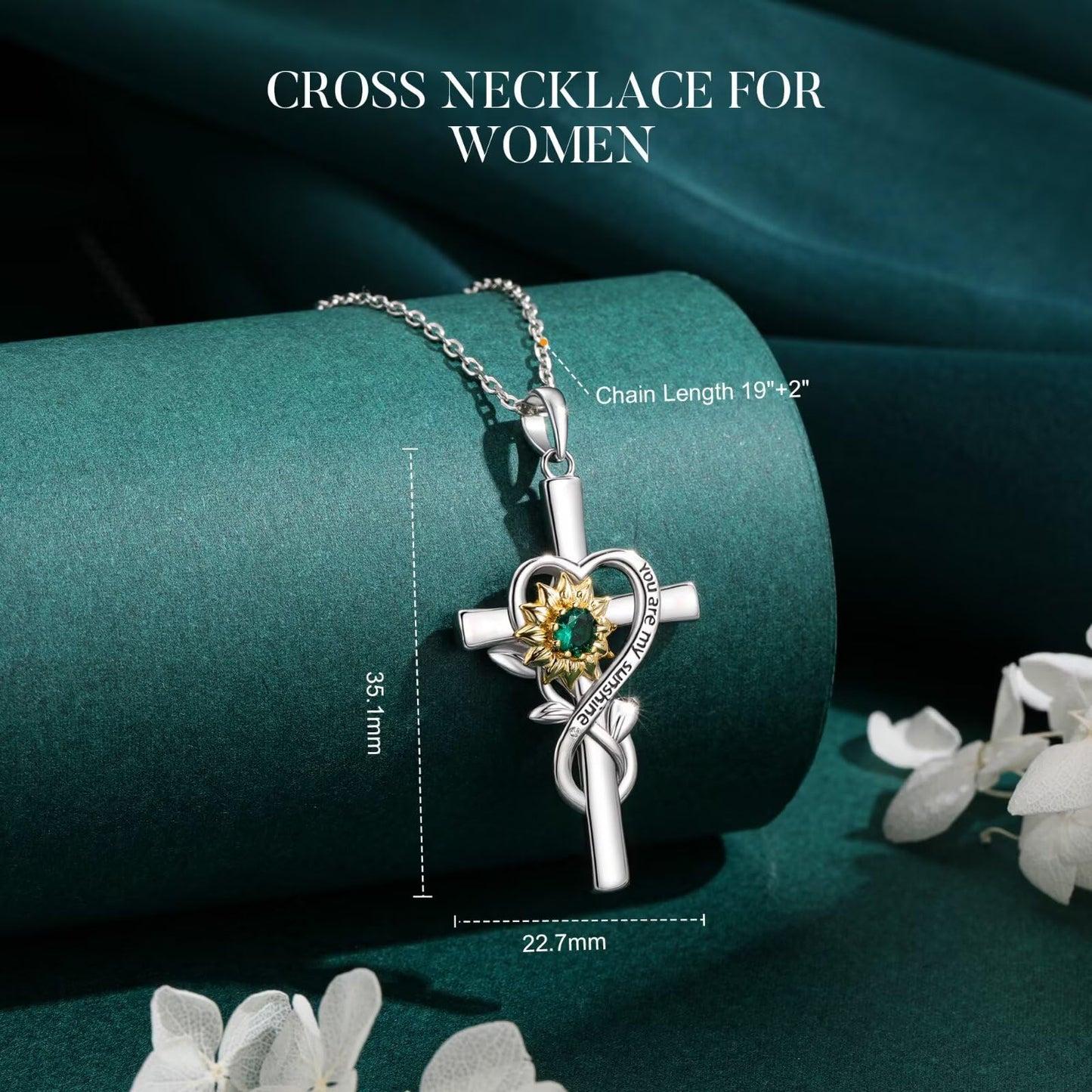 Iefil Lab-Created Alexandrite Necklace - Sunflower Cross Necklace for Women | Anniversary Birthday Gifts, Sunflower Gifts