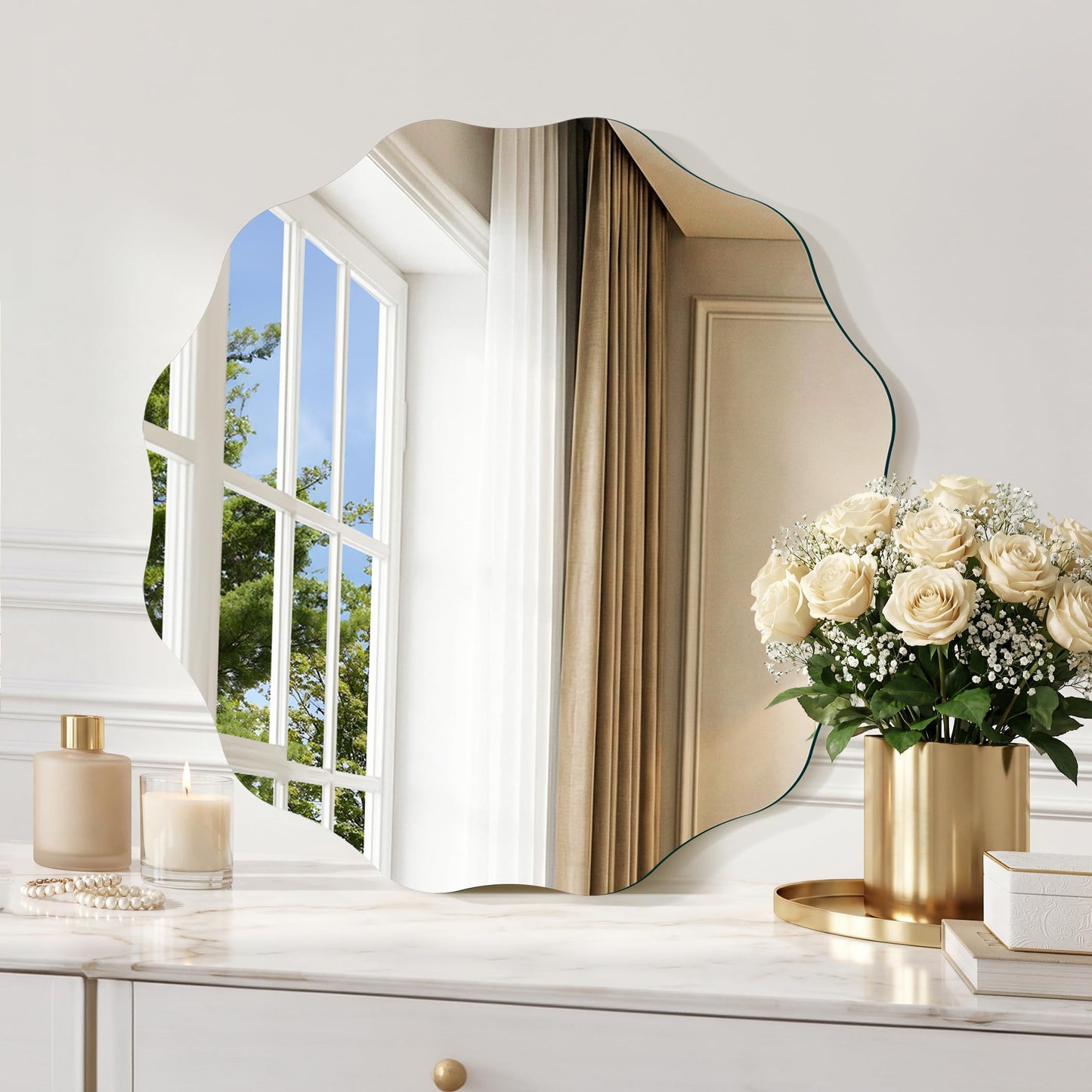 CILIBER Frameless Wavy Round Mirror, 18'' Scalloped Circle Wall Mirror, 3mm Tempered Glass Decorative Bathroom Vanity Mirror, Mounting/Leaning for Mantel, Living Room, Bedroom and Entryway