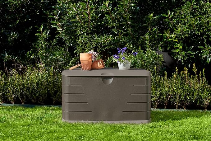 Rubbermaid Medium Resin Outdoor Storage Deck Box (73 Gal), Weather Resistant, Brown, Deck Organization for Home/Backyard/Pool Chemicals/Toys/Garden Tools/Porch/Patio Cushions