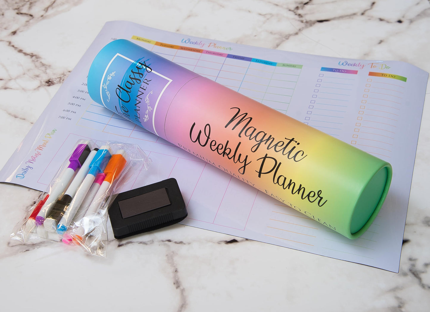 Weekly Magnetic Whiteboard for your Fridge - Family Organiser, Meal Chart, Shopping List - Student Planner, Business Notice Board, 8 Marker Pens & Eraser with Magnet & Gift Box Included, 11.7 x 16.5in