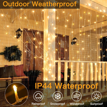 Ollny Curtain Lights Indoor, 300 LED 3m x 3m Fairy Lights USB Powered, Waterproof Warm White String Light with 8 Modes/Timer/Remote, Bedroom/Wall/House/Garden Decorations