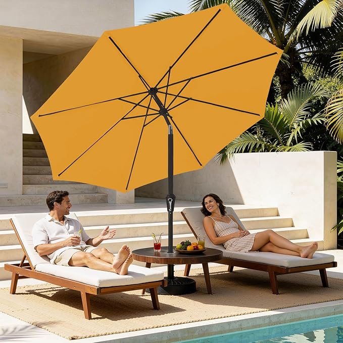 MEWAY 9ft Patio Umbrella Outdoor Table Umbrellas with Push Button Tilt and Crank, Market Umbrella 8 Sturdy Ribs for Deck, Garden, Pool and Backyard, Sun Orange