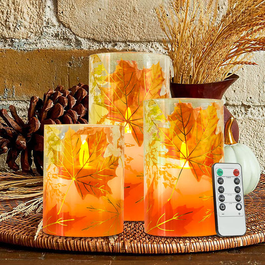 PETRISTRIKE Fall Flameless Candles, Autumn Maple Leaf Led Candles with Remote & Timer, Realistic Flickering Real Wax Candles for Harvest Festive, Thanksgiving Day, Party Decorations