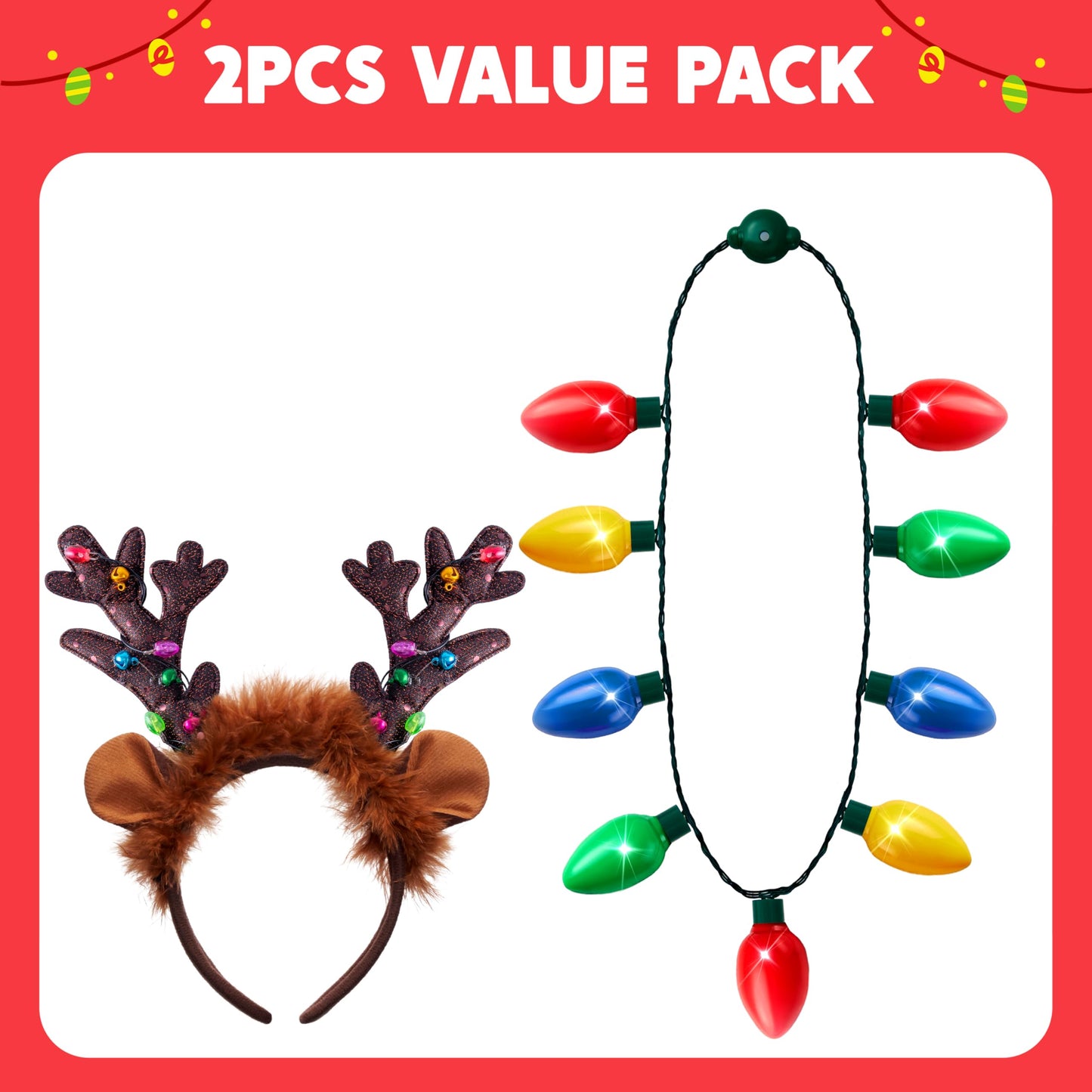 JOYIN 2PCS Christmas LED Necklace and Reindeer Headband, Light Up Necklace with 9 Bulbs, Christmas Headwear and Holiday Parties Xmas Costume Accessories Party Favors.