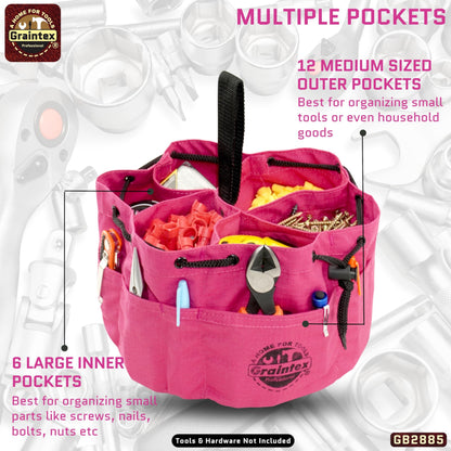 Graintex 18 Pockets Grab Bag Rip-stop Canvas Drawstring Closure, Small Part Organizer Pouch, Small Tools, Screws, Parts, Parachute Tool Bag for Efficient Storage - Pink