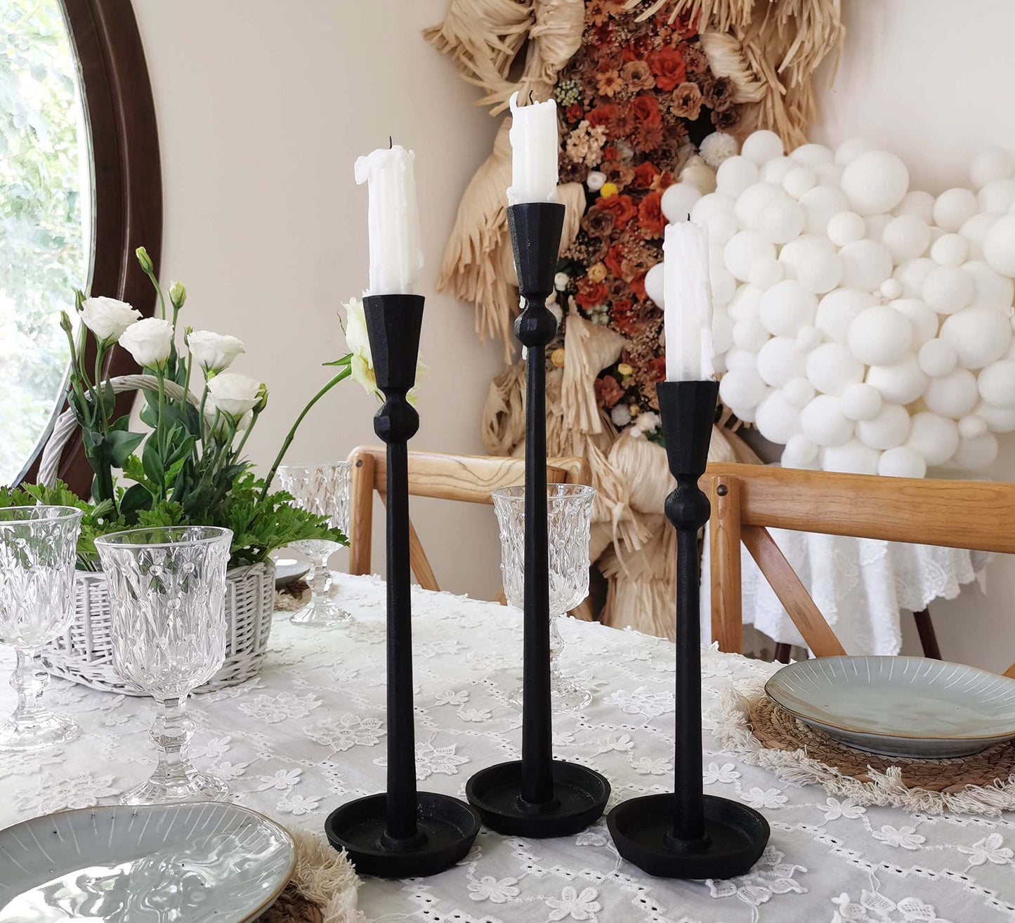 Iron Taper Candle Holder Set 3 - Decorative Candle Stand - Candlestick Holder for Wedding, Dinning, Party (Black)…