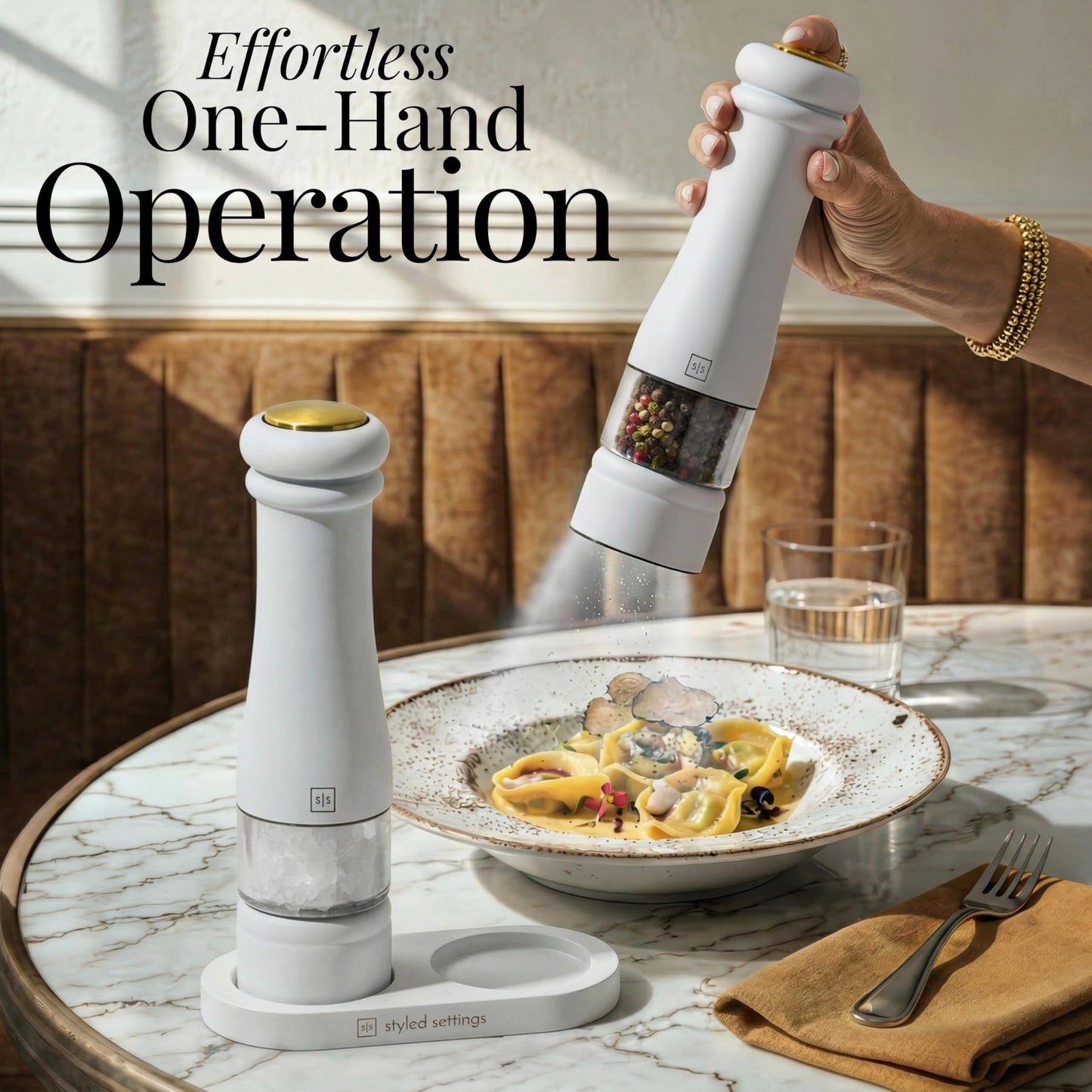 Electric Salt and Pepper Grinder Set - Styled Settings White Electric Salt and Pepper Shakers, Automatic Stainless Steel Set with LED Light, Battery Operated, Adjustable Coarseness, Wood Base